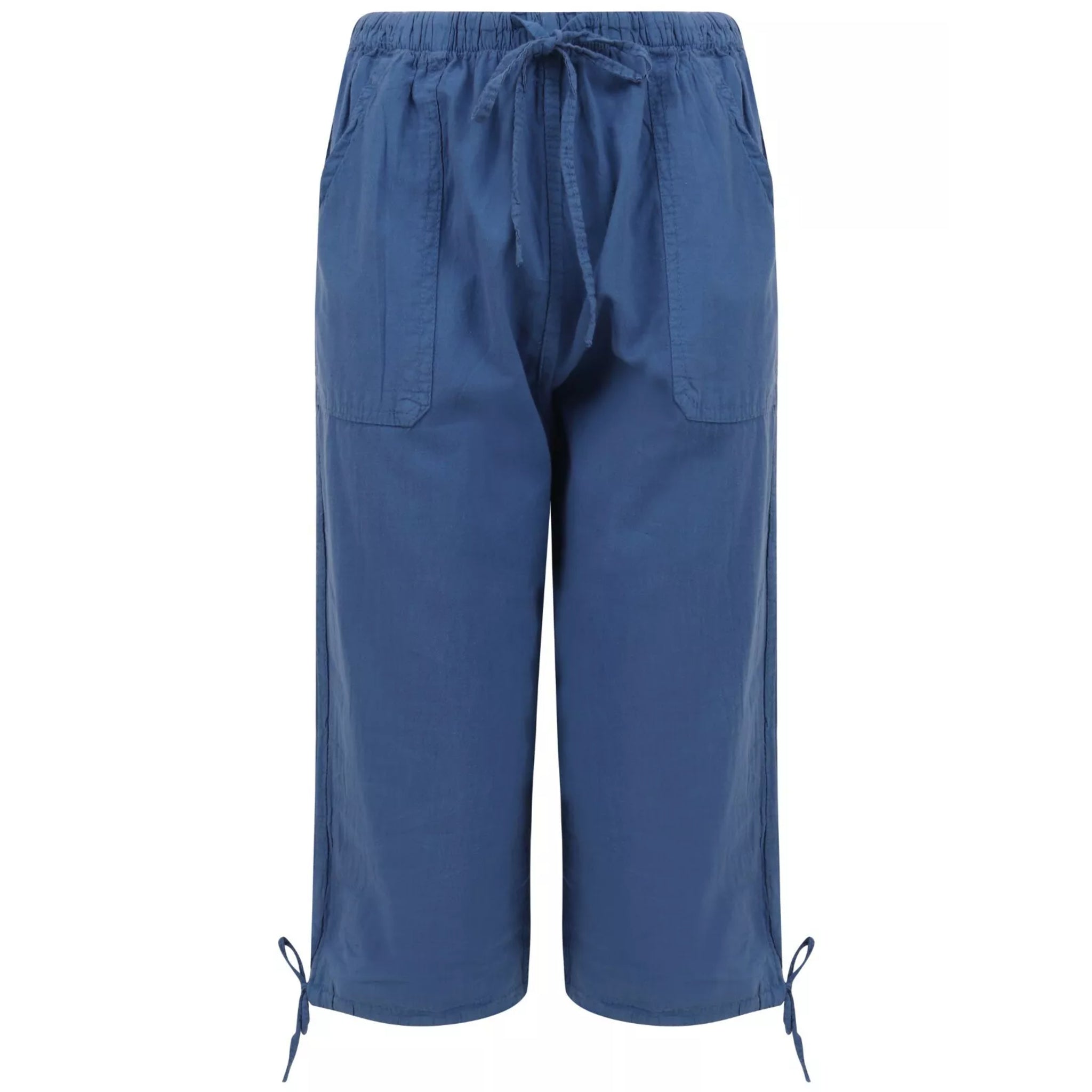 Ladies blue 3/4 length pedal pusher shorts with drawstring waist and pockets